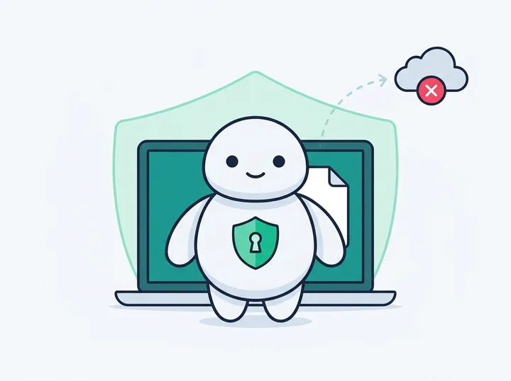 ゼロくんがパソコンを守り、ファイルがクラウドへ送られないことを示すイラスト